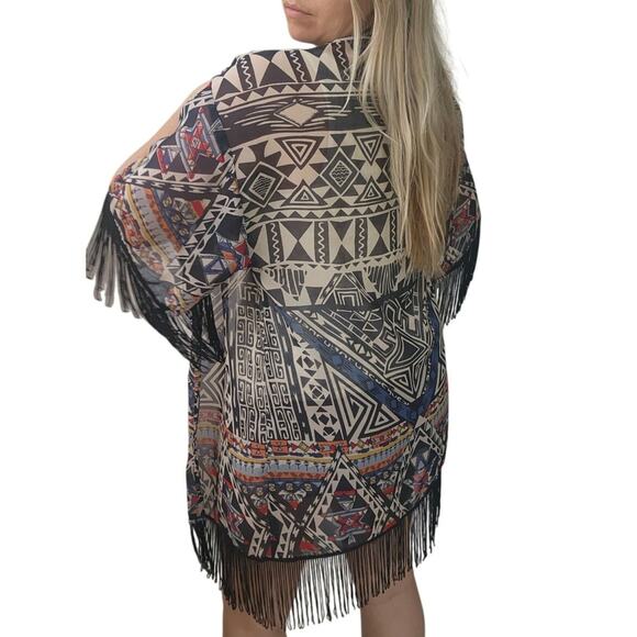 Angie kimono duster aztec western fringe multi S boho beach coverup  festival - Picture 1 of 11